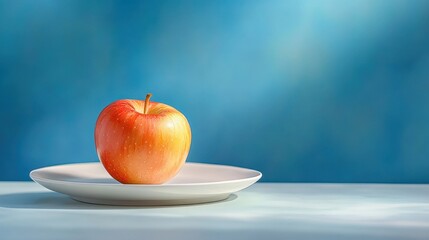 Wall Mural - A minimalist still life of a single red apple on a white plate, with dramatic lighting creating deep shadows.