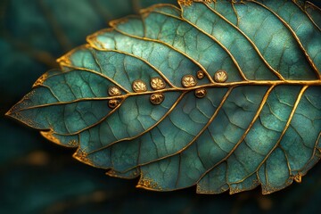 Wall Mural - elegant green leaf with intricate gold filigree accents macro photography rich emerald tones luxurious botanical art