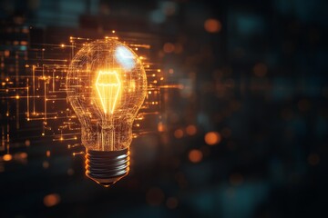 Poster - A glowing digital light bulb icon hovers in a dark environment, surrounded by intricate lines that suggest a technological theme