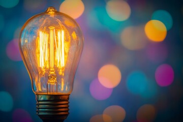 Poster - The warm golden glow of a vintage Edison bulb creates a cozy atmosphere against a softly blurred backdrop, perfect for enhancing any evening gathering