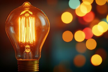 Poster - A glowing vintage Edison bulb emits warm golden light, creating a cozy ambiance with a soft blurred backdrop enhancing its charm