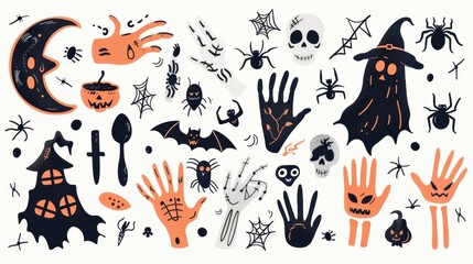 Pop color illustrations of spooky Halloween Hand in various activities ,with bold lines and simple design, placed on a white background 