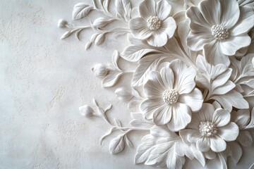 Poster - The intricate bas-relief sculpture showcases delicate flowers and leaves, beautifully crafted with attention to detail against a soft background