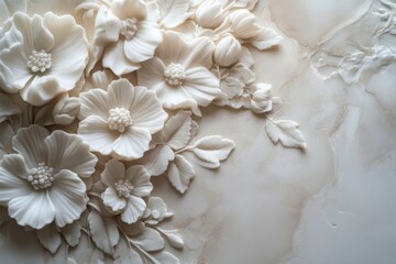 Poster - Detailed bas-relief sculpture displays an array of flowers with intricate petals and leaves, highlighting the artistry of craftsmanship