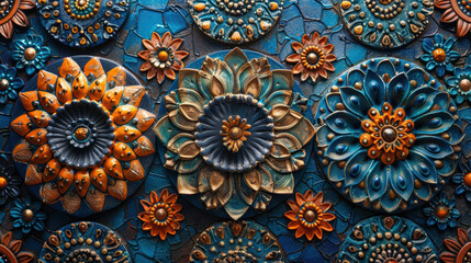 Wall Mural - A close-up shot of a blue and gold floral design. The design is made up of several different flowers, each with its own unique shape and pattern. 