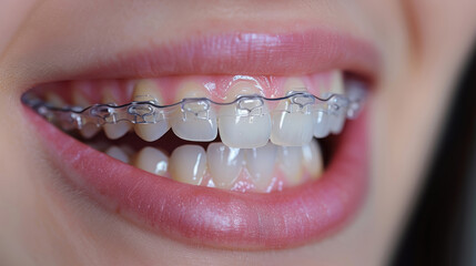 Wall Mural - A close-up photo of a person smiling with clear braces. The braces are attached to the front teeth and are barely visible. 