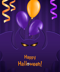 Wall Mural - Halloween holiday illustration purple striped wall background with ribbons, balloons and creepy demon bat