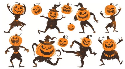 Vintage color illustrations of spooky Halloween Scary pumpkin man in various activities ,with bold lines and simple design, placed on a white background 