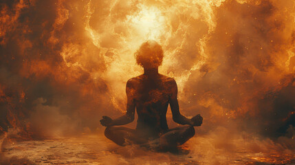 A silhouette of a person meditating in a fiery, cosmic landscape. The person's head is engulfed in flames, as if they are merging with the universe. 