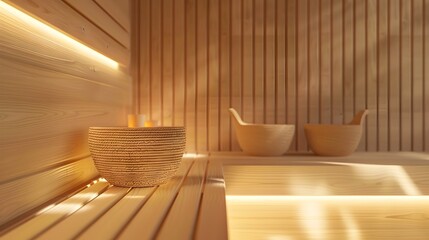 Poster - Wooden sauna interior with a wooden bowl and light.