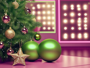 Wall Mural - A Christmas creative concept featuring a large New Year tree decorated with oversized baubles in gold, purple, pink, and blue, surrounded by gifts. The festive scene is set against a vibrant backgroun