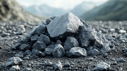 Poster - A collection of rugged stones rests on a textured surface amidst a tranquil mountain backdrop, illuminated by the soft glow of dawn