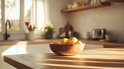 Poster - bright kitchen scene with a wooden bowl of lemons on the table during the afternoon sunlight