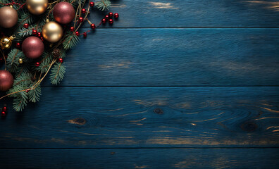 Wall Mural - Dark blue Christmas, decor vibrant ornaments on a wooden plank