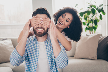 Sticker - Photo of two nice young partners arms close eyes free time weekend modern apartment indoors