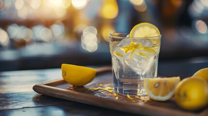 Wall Mural - Close-up of a glass of water with lemon on a wooden table in a bar or restaurant with a blurred background, perfect for a refreshing drink