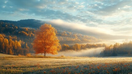 Poster - A solitary bright orange tree stands tall in a serene valley, enveloped by a soft mist and vibrant autumn colors under the gentle morning light