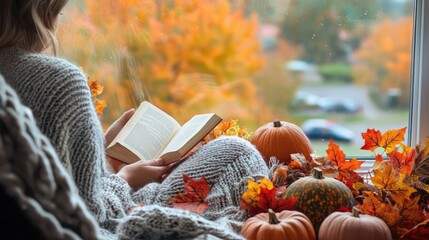 Cozy Reading A person reading a book by the window with fall decorations,