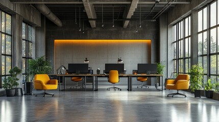 Poster - Stylish office featuring bright colors, modern furniture, and ample greenery, designed for comfort and productivity in a spacious layout