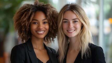 Two confident businesswomen standing together, smiling proudly, with a bright, modern background.