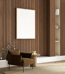 Wall Mural - Mockup poster frame in cozy autumn interior design, Living room with brown armchair and wooden wall, 3d rendering