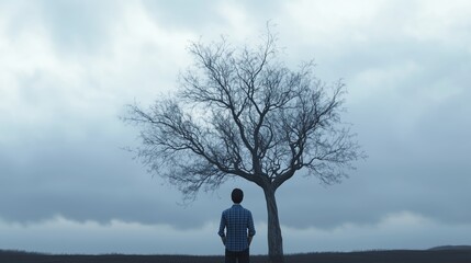 Wall Mural - a lone figure stands before a barren tree under a cloudy sky at dusk in a desolate landscape