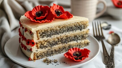 Poster - Poppy Seed Cake with Red Poppy Flower Decoration