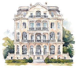 Canvas Print - PNG Elegant watercolor mansion illustration