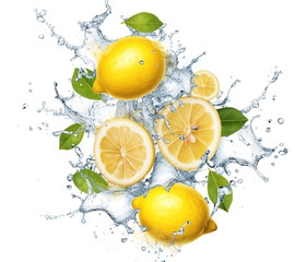 yellow lemon falling into water with splash style