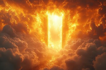 Canvas Print - ethereal golden gates of heaven parting to reveal radiant light surrounded by fluffy clouds and angelic figures with wings celestial atmosphere