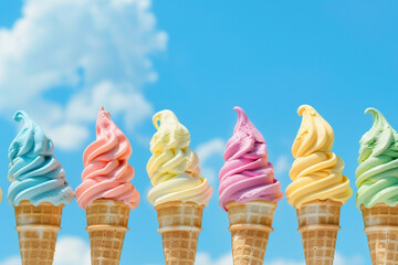 Colorful Ice Cream Cones Against a Blue Sky