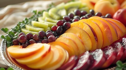 Canvas Print - Closeup of Fresh Fruit Platter with Peach, Kiwi, Grapes and Red Apples.