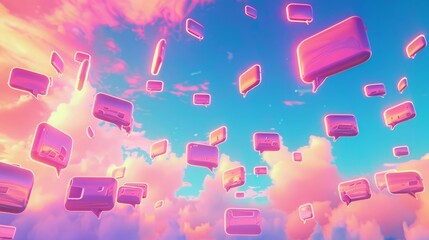 Pink and blue sky with  glowing speech bubbles, a digital concept for communication.