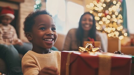 Wall Mural - A joyful child opens a red gift wrapped with gold ribbon during a festive holiday celebration by the Christmas tree