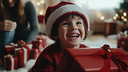 Joyful child in a Santa hat opens Christmas gifts in a cozy living room filled with holiday decorations