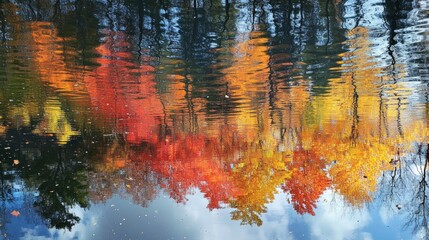 Poster - Fall colors dance across the calm water surface, reflecting the beauty of the trees as a gentle breeze whispers through the atmosphere