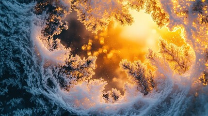 Poster - frosty forest landscape illuminated by warm sunlight at sunset