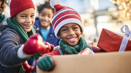 Wall Mural - Children joyfully delivering holiday gifts outdoors in a festive setting during winter