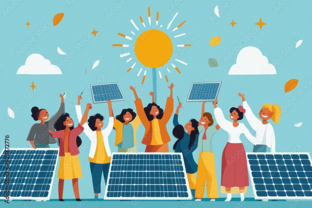 Community Based Initiatives Vector Vector Illustration of Diverse People Celebrating in a Solar-Powered ...