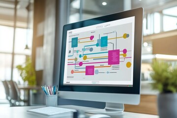 Poster - A digital flowchart illustrates the workflow and hierarchy of a project on a computer monitor in a contemporary office setting, showcasing vibrant colors and clear organization