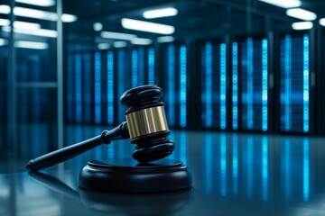 Poster - A judicial gavel is placed on a desk, surrounded by high-tech servers emitting a soft blue glow, symbolizing the intersection of law and technology