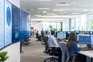 Employees work at computer stations surrounded by large screens showcasing data analytics in a contemporary office setting