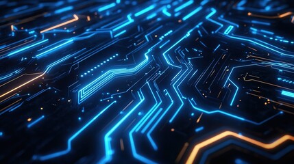 Poster - Abstract blue and orange circuit board pattern with glowing lines on a dark background