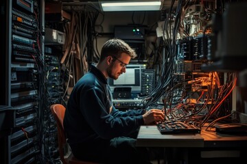 Poster - A technician focuses intently on tasks at a cluttered workbench in a server room filled with cables, screens, and equipment under soft lighting