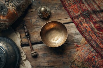 A vintage copper singing bowl rests on a rustic wooden surface, surrounded by colorful traditional textiles and a small decorative accessory