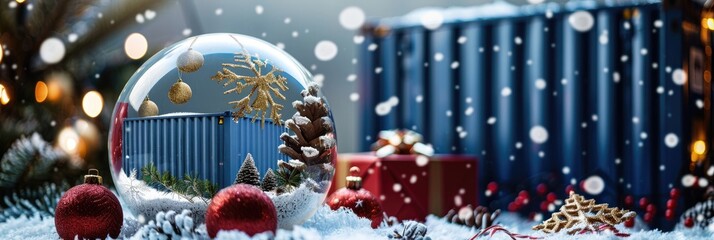 Cargo container encapsulated in a snow globe adorned with festive decorations.