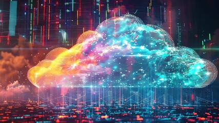 Sticker - Colorful digital cloud with data streams and cityscape overlay