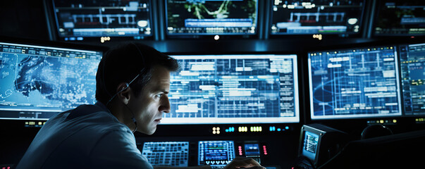 A focused analyst monitors multiple screens in a control room filled with data during a strategic operations session