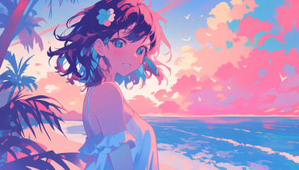 Wall Mural - A beautiful anime girl with brown hair stands on the beach at sunset, illustration