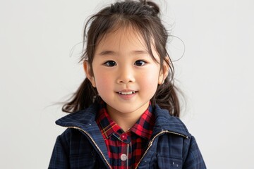 Wall Mural - A smiling young girl with pigtails and a plaid jacket stands against a plain background. Her bright eyes and happy expression convey a sense of joy and charm.